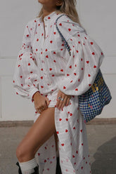 Heart Print Puff Sleeve Cotton Dress InsStreet
